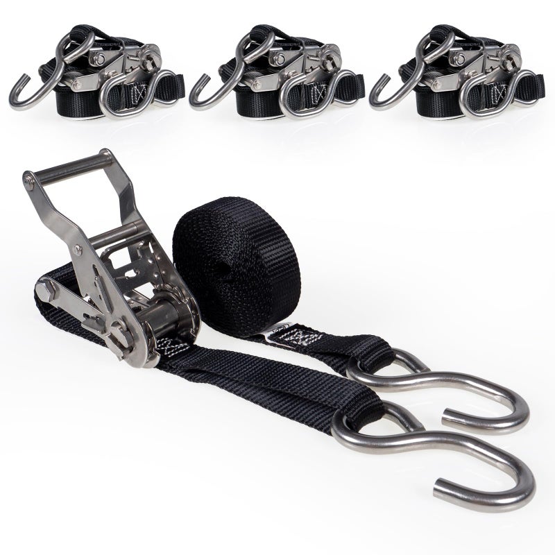US Cargo Control Stainless Steel Ratchet Straps with S-Hooks 1" X 10' (4-Pack), 765 LBS Break Strength, Marine Tie Down Straps for Boats, ATVs, Trees, Camping, Snow, Saltwater Applications - Image 1